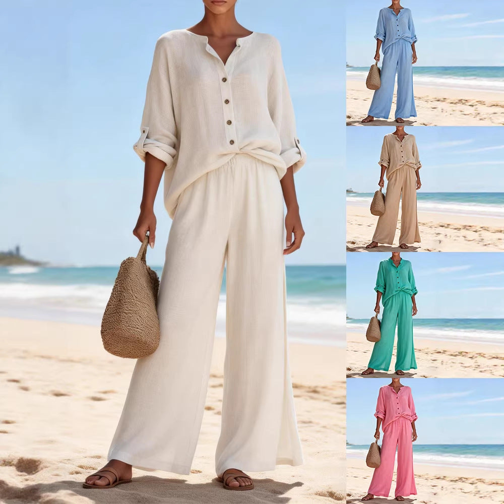 Set de cămașă și pantaloni casual pentru femei, cu mânecă lungă și decolteu în V, din bumbac, disponibil în mai multe culori