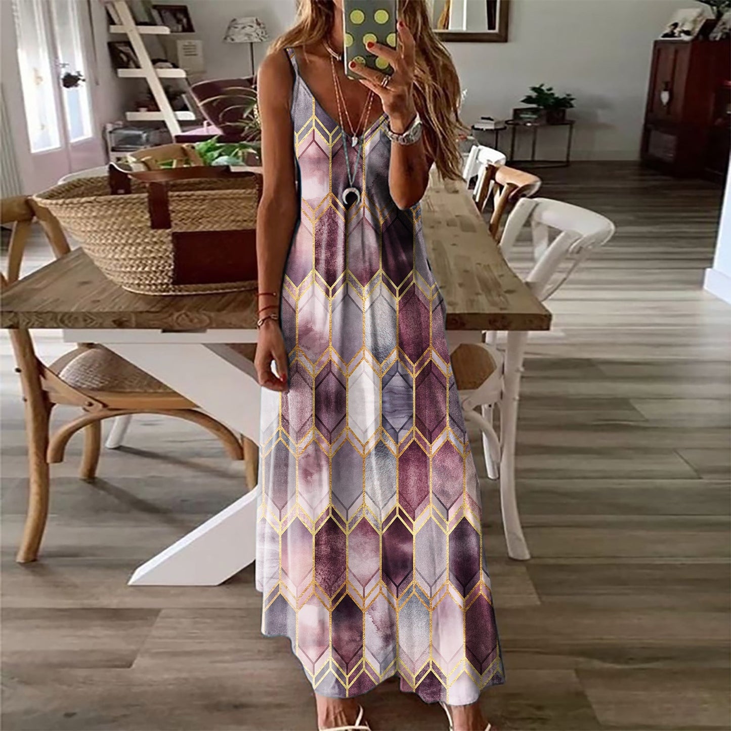 Rochie maxi de vară cu imprimeu geometric Cristina Gore