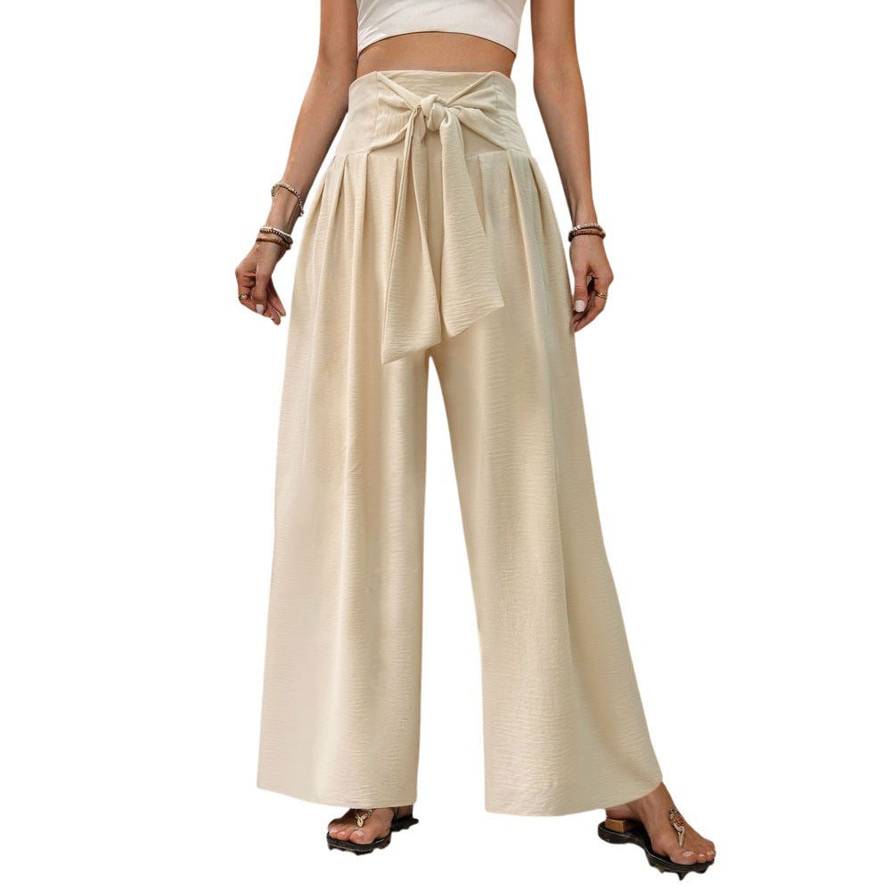 Pantaloni largi, cu talie înaltă, cu noduri în față, din material casual, drapați, de culoare uni, pentru femei
