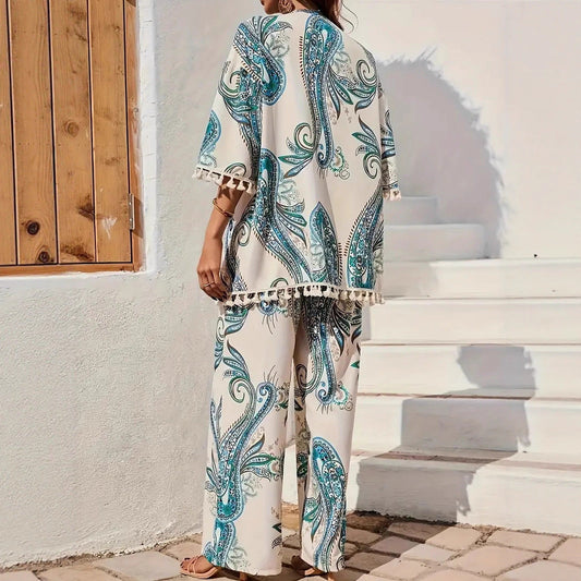 Set elegant cu cardigan și pantaloni Cristina Gore cu imprimeu