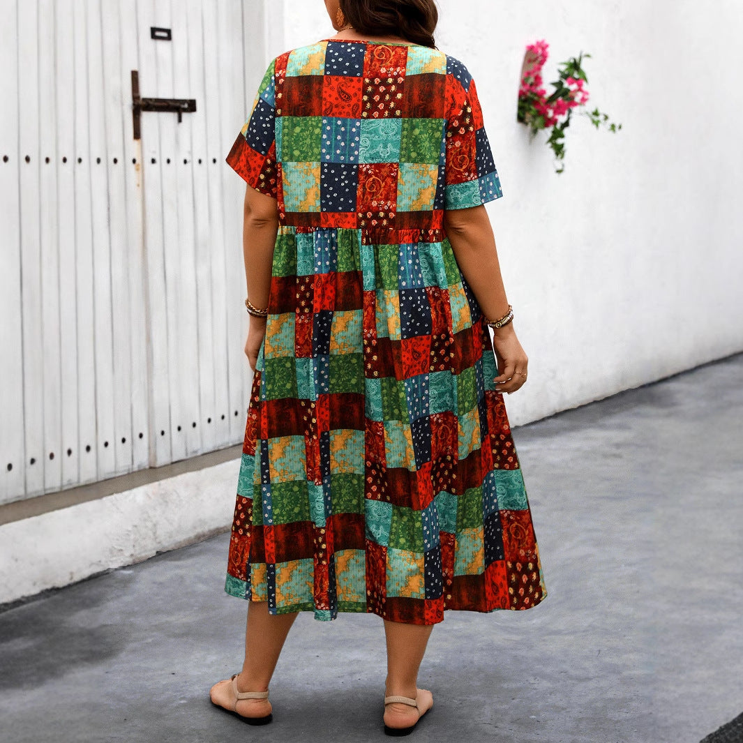 Rochie maxi de vară Cristina Gore cu imprimeu patchwork vibrant