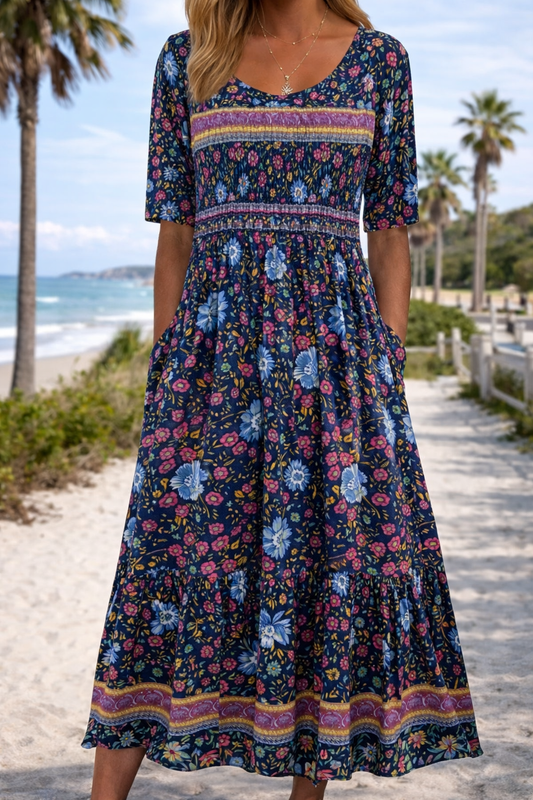 Rochie midi de vară cu imprimeu floral boho Cristina Gore