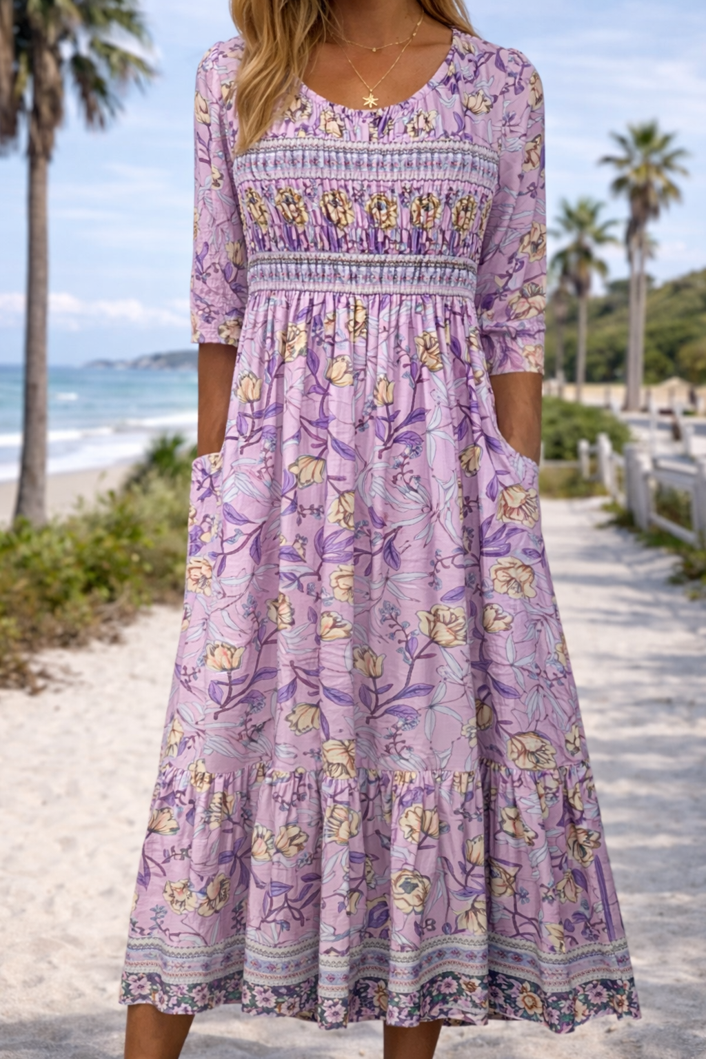 Rochie midi de vară cu imprimeu floral boho Cristina Gore