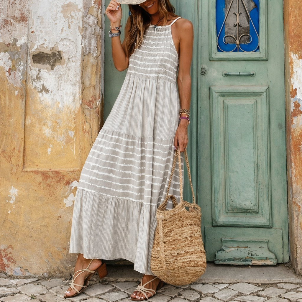 Rochie maxi cu imprimeu halter în dungi Cristina Gore