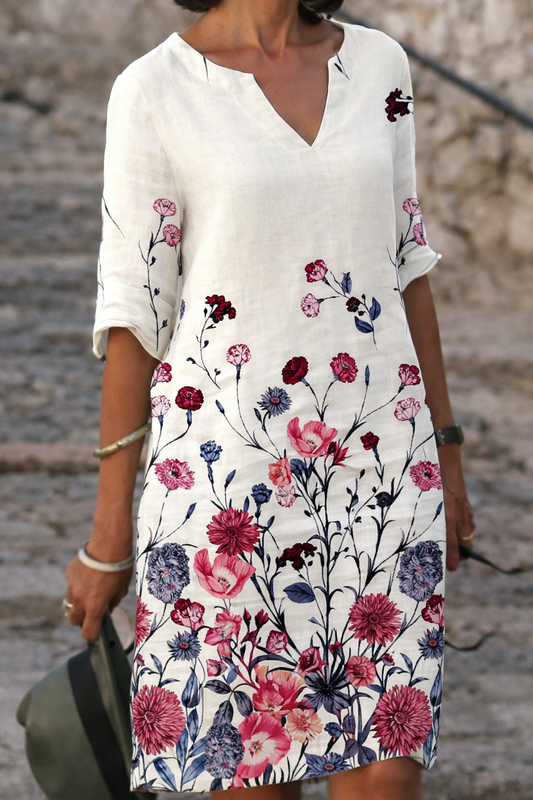 Rochie Cristina din in cu decolteu în V - Imprimeu floral și frunze