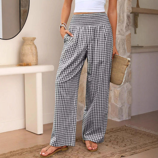 Pantaloni sport în carouri, casual, lejeri, la modă, cu picior larg, cu buzunare