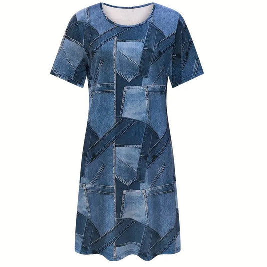 Rochie de vară elegantă Cristina Gore cu imprimeu din denim, linie A