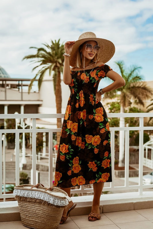Rochie de vară cu imprimeu boho, cu umeri goi, Cristina Gore