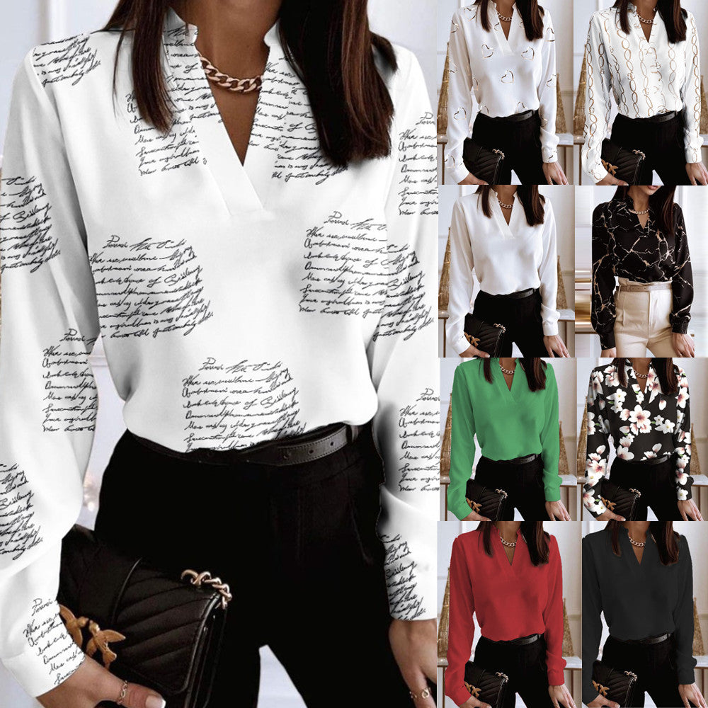 Printed V-Neck Long Sleeve Shirt by Cristina Gore