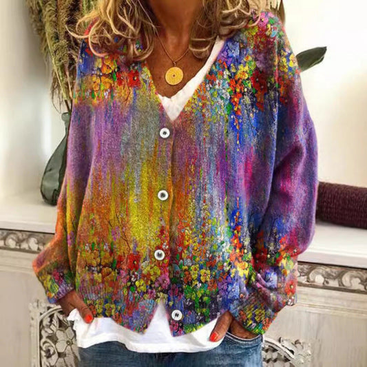 Cardigan casual Cristina Gore cu imprimeu abstract vibrant