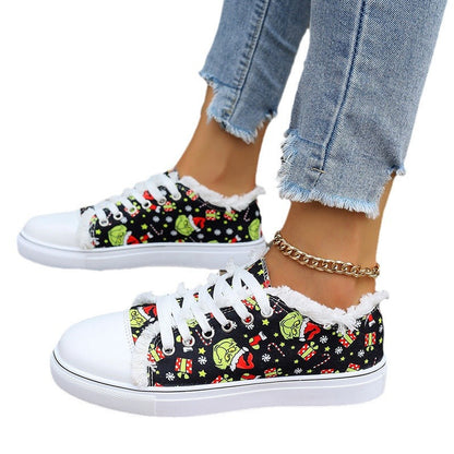 Pantofi din pânză Cristina cu imprimeu Moș Crăciun - Stil roșu festiv