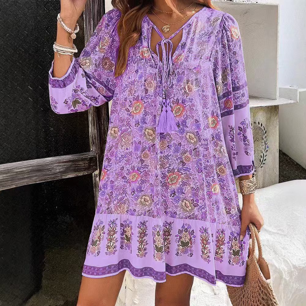 Rochie midi boemă cu imprimeu floral Cristina Gore și decolteu în V