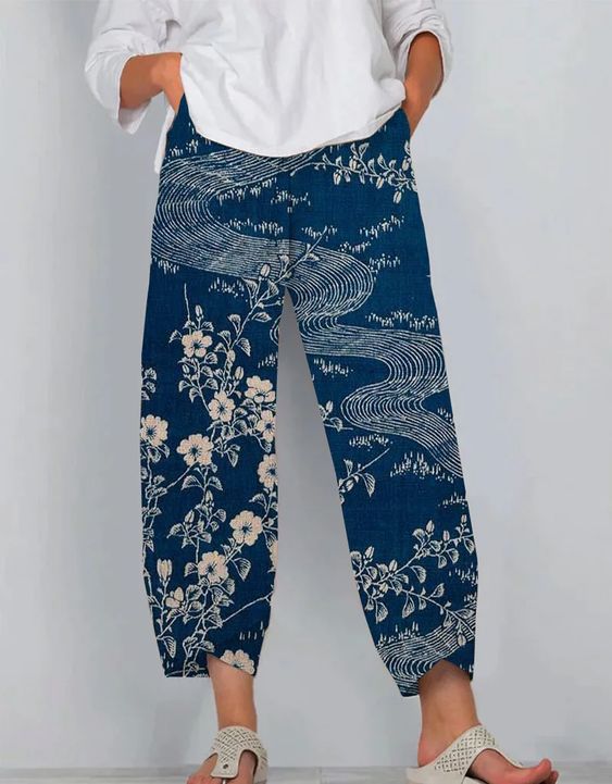 Pantaloni artistici din in cu model 3D Cristina Gore