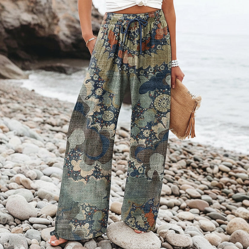 Pantaloni largi pentru femei cu imprimeu boho botanic Cristina Gore