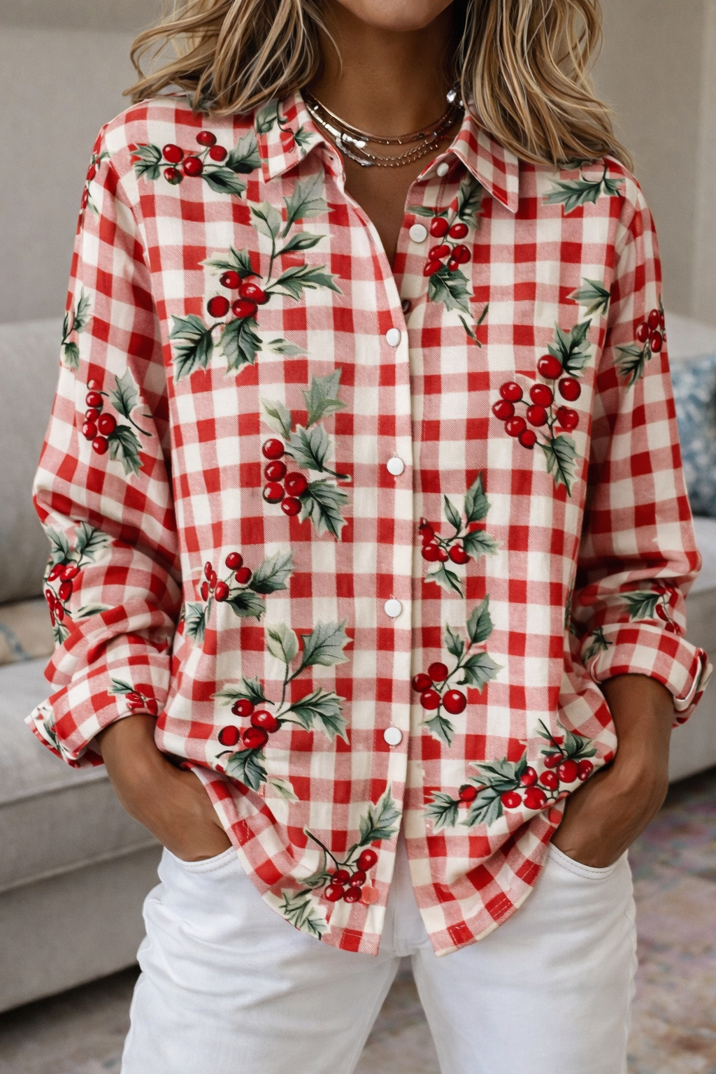 Bluză cu mânecă lungă în carouri, cu blocuri de culoare, Cristina Gore