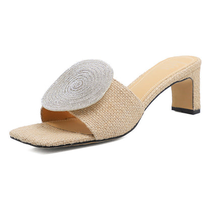 Papuci Cristina din in și strasuri - Vârf pătrat