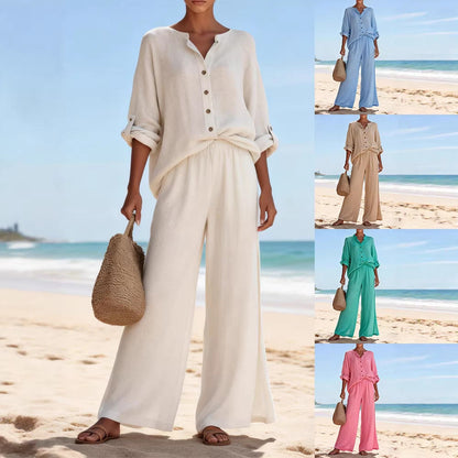 Set de cămașă și pantaloni casual pentru femei, cu mânecă lungă și decolteu în V, din bumbac, disponibil în mai multe culori