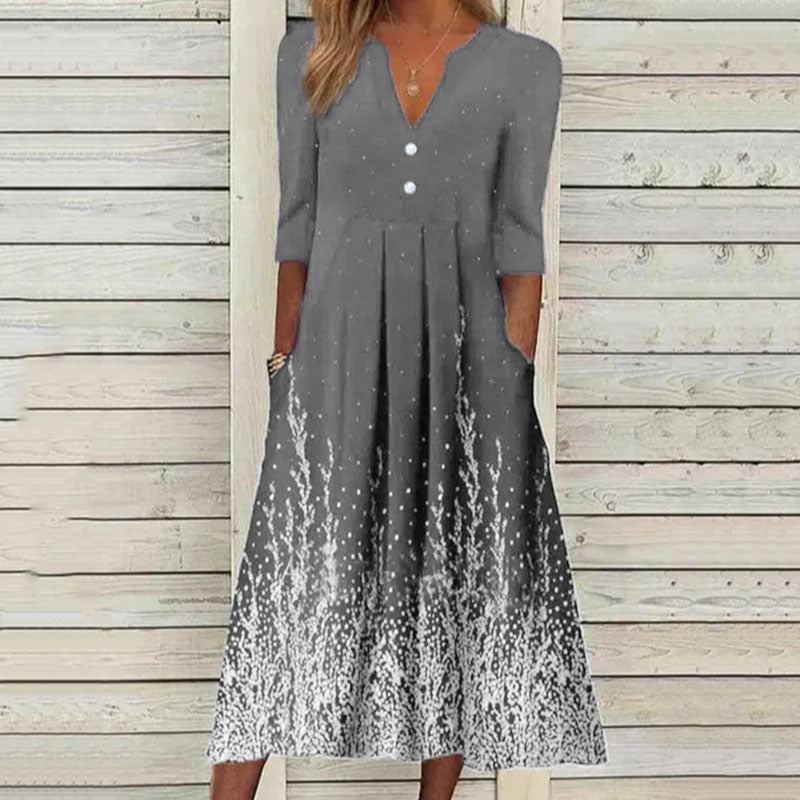 Rochie Cristina cu buzunare florale - Decolteu rotund - Croială în linie A