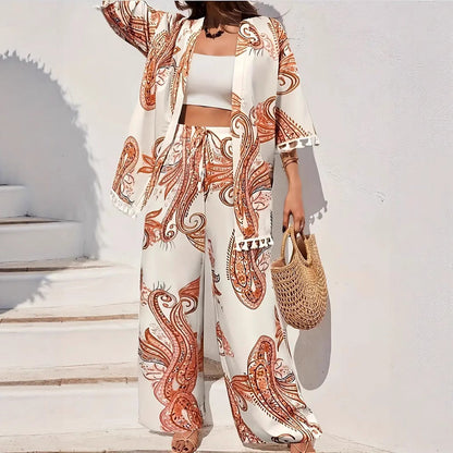 Set elegant cu cardigan și pantaloni Cristina Gore cu imprimeu
