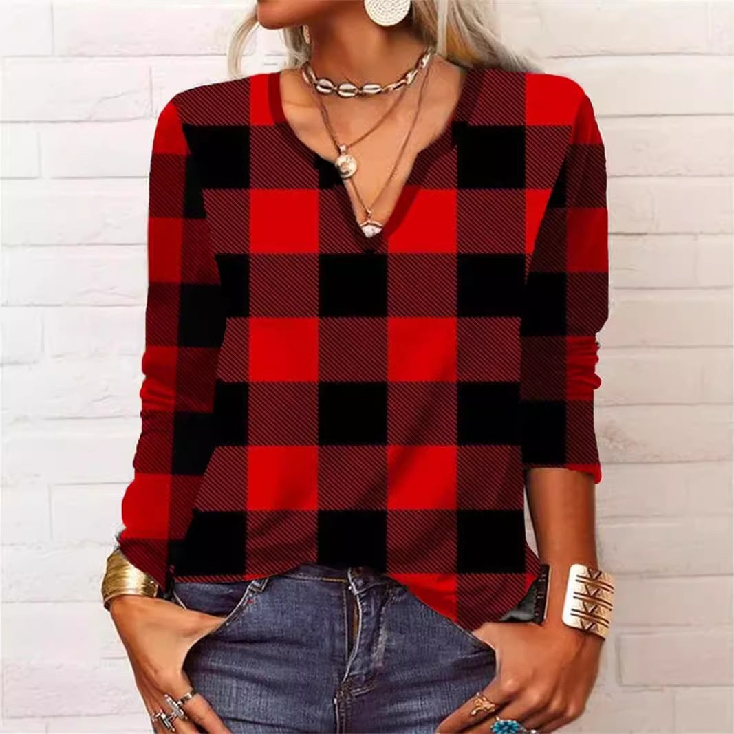 Plaid V-Neck Long Sleeve Top by Cristina Gore