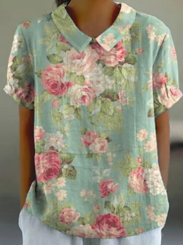 Top cu guler rotund imprimat Cristina - Model floral delicat