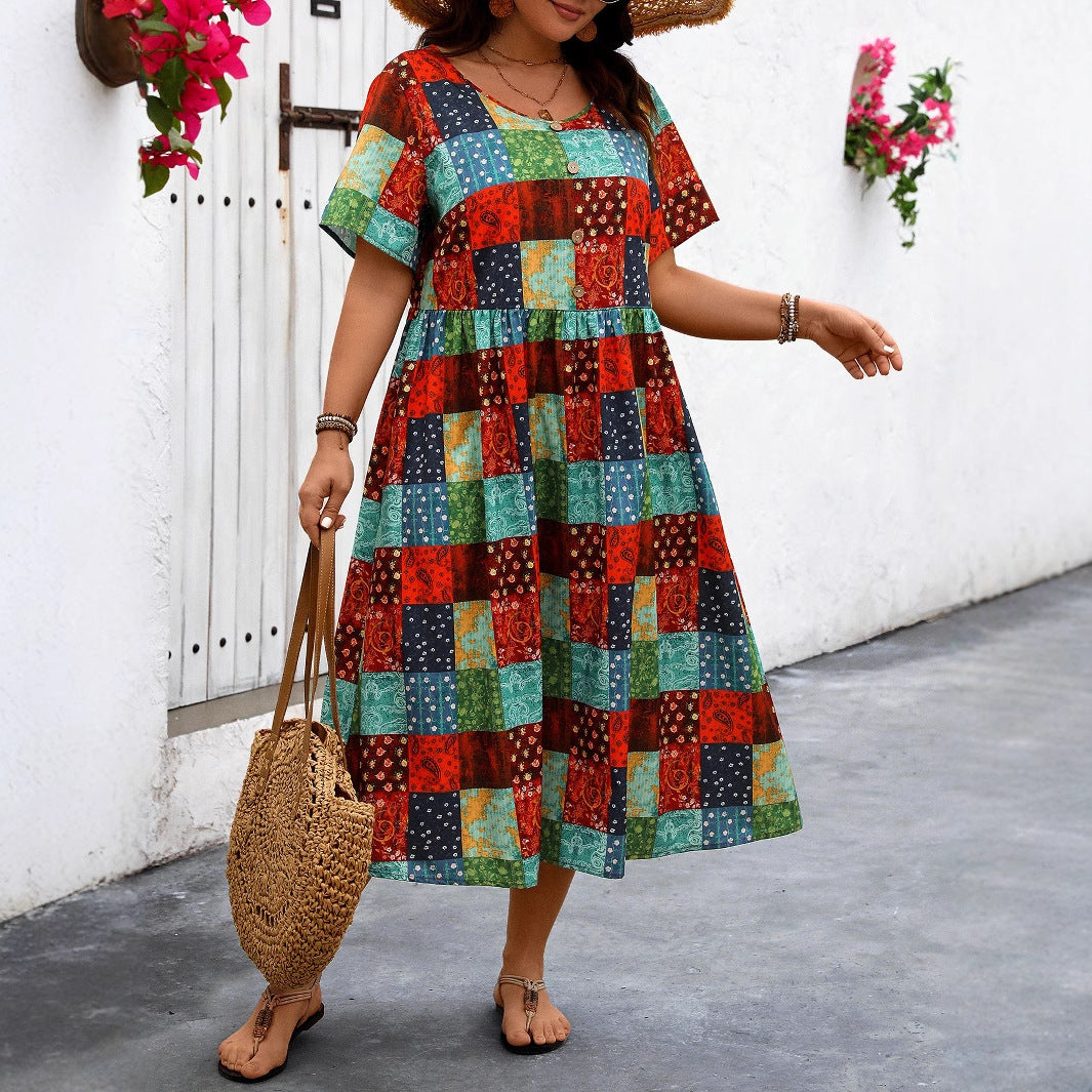 Rochie maxi de vară Cristina Gore cu imprimeu patchwork vibrant