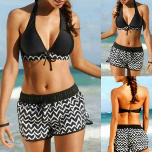 Set bikini elegant cu imprimeu zigzag Cristina Gore și pantaloni scurți