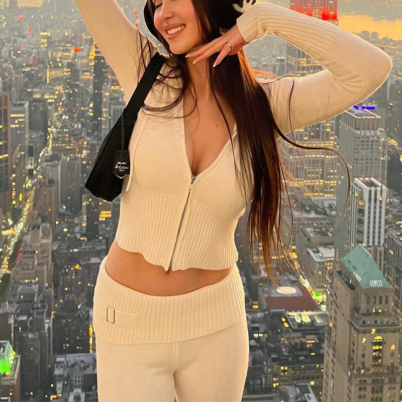 Set cu hanorac tricotat Cristina și pantaloni cu talie înaltă - Închidere cu fermoar