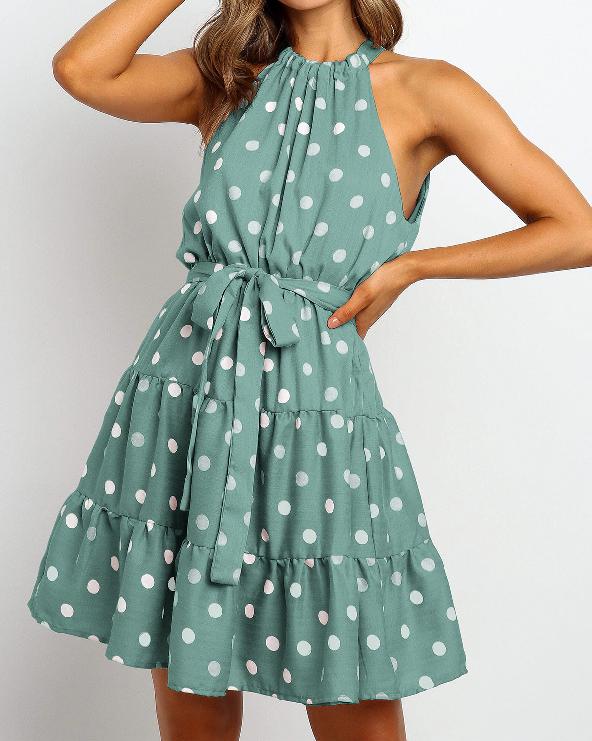 Rochie elegantă cu buline, model halter, de Cristina Gore