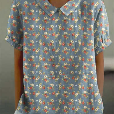 Top cu guler rotund imprimat Cristina - Model floral delicat