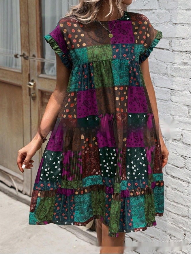 Rochie midi de vară Cristina Gore cu model boho și imprimeu petic