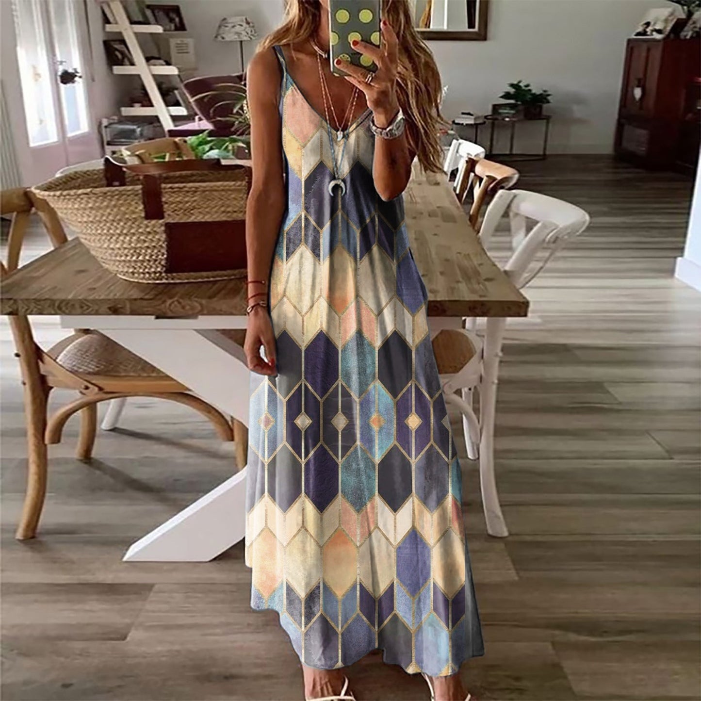 Geometric Print Cristina Gore Summer Maxi Dress