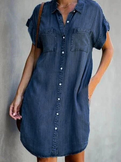 Rochie midi din denim Cristina - Mâneci scurte, stil streetwear
