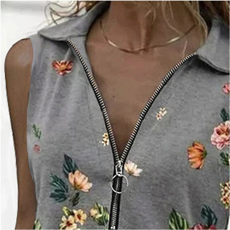Bluză fără mâneci, cu fermoar floral, slim fit, Cristina Gore