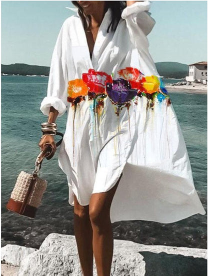 Rochie midi cămașă Cristina - Model floral cu rever