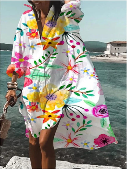 Rochie midi cămașă Cristina - Model floral cu rever