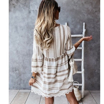 Rochie de vară cu decolteu în V, model boho, cu manșete din dantelă, Cristina Gore
