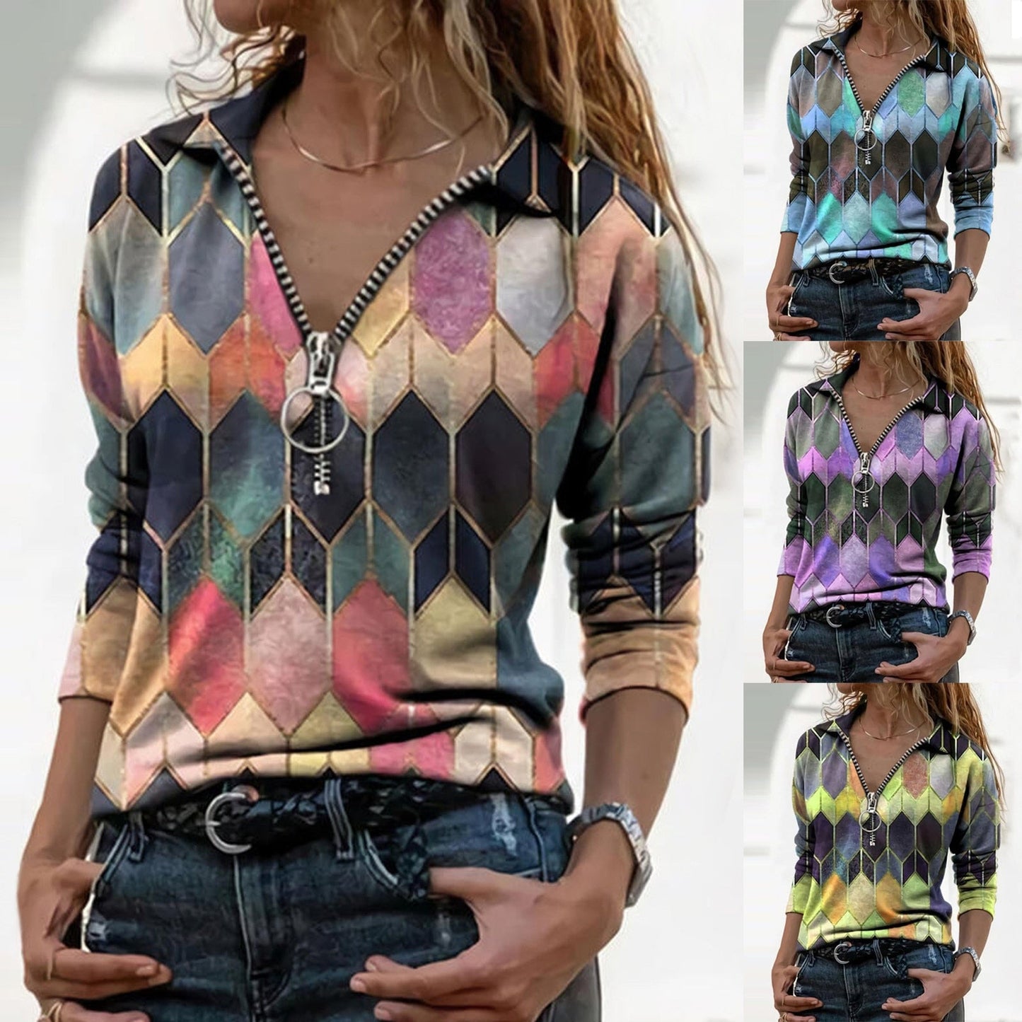 Colorful Zip V-Neck Top Cristina Gore Perfect-Fit