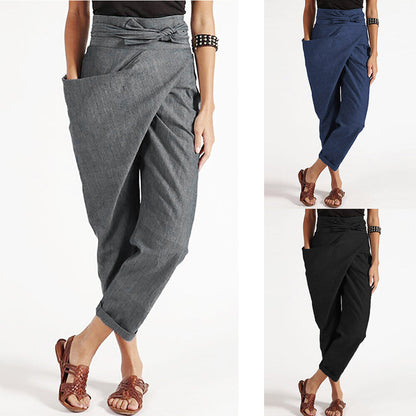 Pantaloni Cristina crop din in - Stil modern, înfășurat