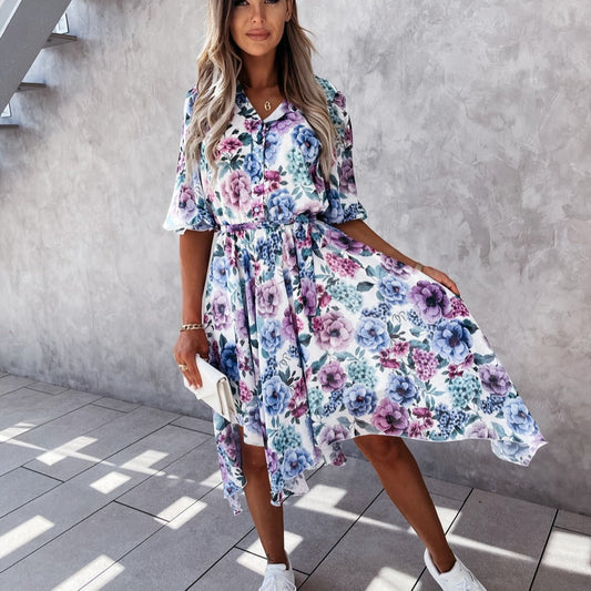 Floral Print Cristina Gore Irregular Midi Dress