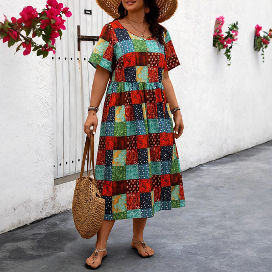 Rochie maxi de vară Cristina Gore cu imprimeu patchwork vibrant