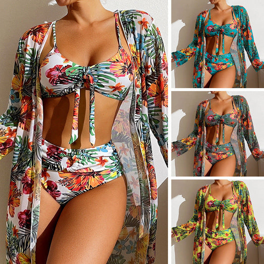 Set bikini cu imprimeu floral Cristina - Bluză lungă cu crăpătură pentru acoperire