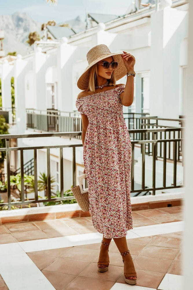 Rochie de vară cu imprimeu boho, cu umeri goi, Cristina Gore