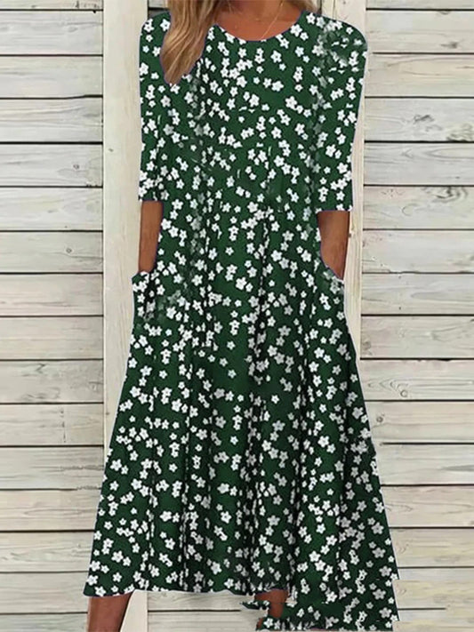 Rochie Cristina cu buzunare florale - Decolteu rotund - Croială în linie A