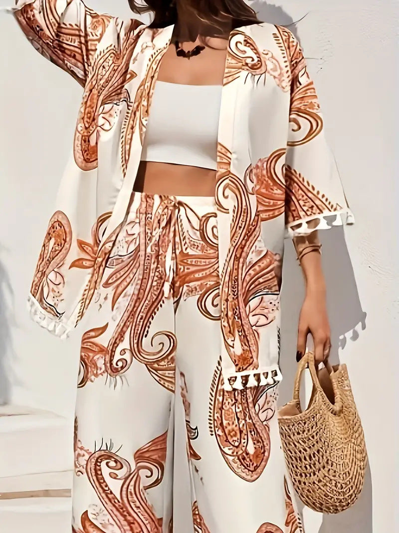 Set elegant cu cardigan și pantaloni Cristina Gore cu imprimeu