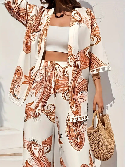 Set elegant cu cardigan și pantaloni Cristina Gore cu imprimeu