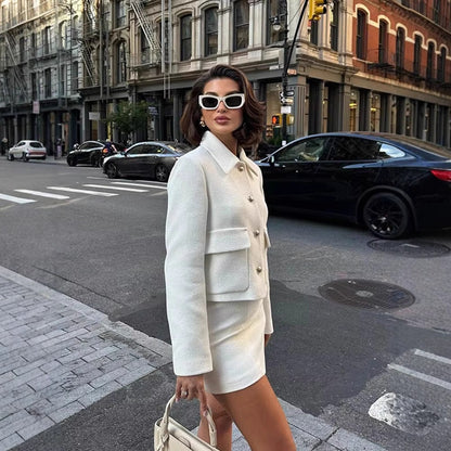 Palton Cristina din tweed - Set elegant de fustă albă