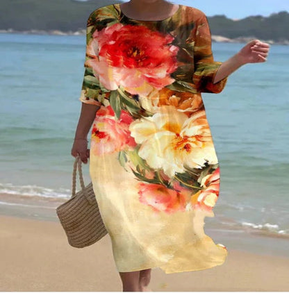 Rochie Cristina cu imprimeu floral - croială trapezoidală artistică