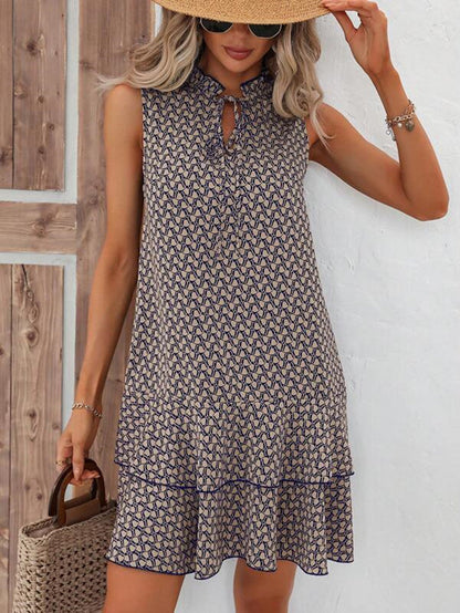 Rochie Cristina fără mâneci cu imprimeu geometric - Detaliu cu șireturi