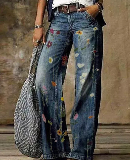 Pantaloni largi cu imprimeu floral artistic de Cristina Gore